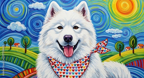 Happy White Fluffy Dog Wearing Heart Bandana in Colorful Swirling Countryside Illustration