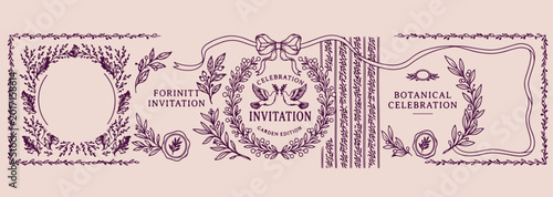 Slika na platnu Celebration bow and floral wreath, elegant invitation border design, festive wre