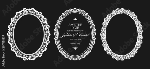 Elegant lace oval frames with vintage ornate borders and floral embroidery patterns, perfect for wedding invitations and decorative baroque designs