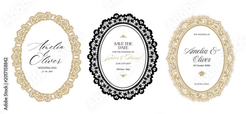 Elegant lace oval frames with vintage ornate borders and floral embroidery patterns, perfect for wedding invitations and decorative baroque designs