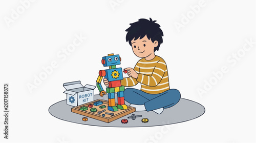 Boy building a colorful robot from a kit with gears and tools vector style