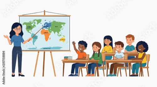 Teacher instructing diverse students about world map in classroom setting vector style