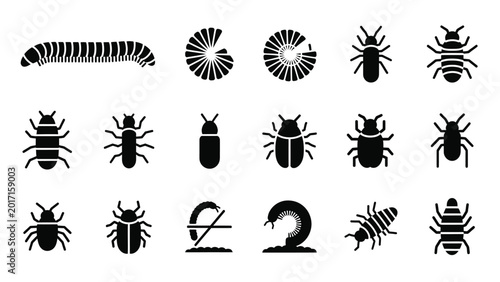 Set of insect icons, collection of centipede and millipede vector signs and symbols, in flat style for web.