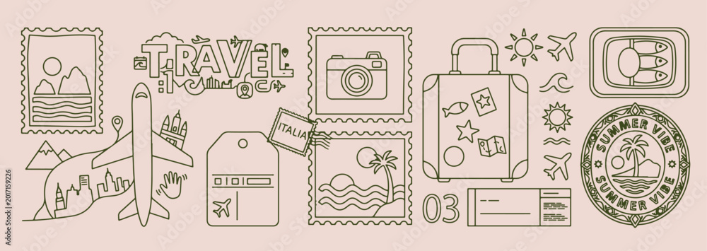 Obraz premium Vintage travel and camera stamps, retro holiday adventure icons, world explorer postal marks set, classic travel luggage and camera art, wandering tourist postage graphics, green monochrome travel sti