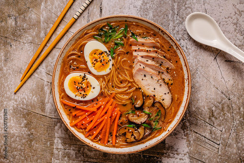 Bowl of ramen with chicken, eggs, and vegetables