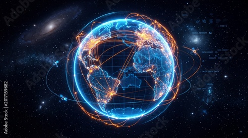 Digital Earth Globe with Glowing Orange Network Connection Lines