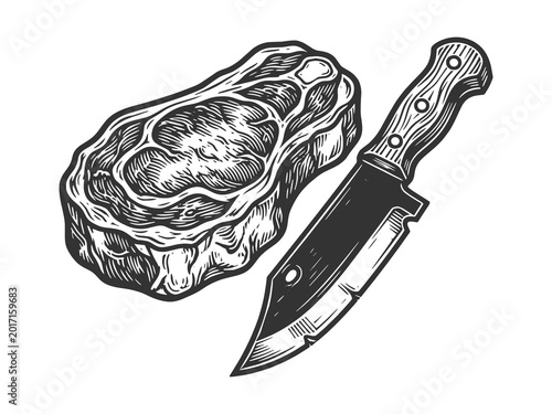 raw beef steak beside a sharp butcher knife for cooking or butchery sketch engraving generative ai raster illustration. Scratch board imitation. Black and white image.
