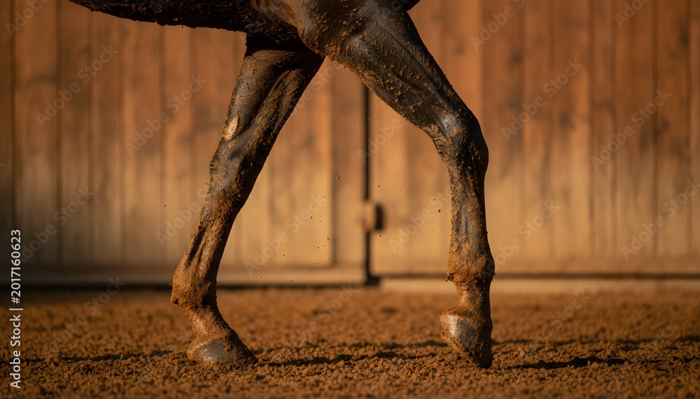 Obraz premium Close up of a palio horse with muddy legs walking on a dirt track during golden hour for an equestrian sport and competition heritage concept, capturing strength and grit
