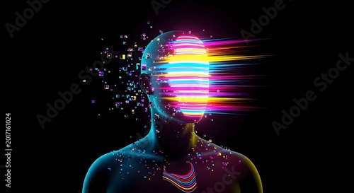 Digital human consciousness and artificial intelligence evolution. Cyberspace and data processing concept. Silhouette of a man with glowing data pixels and light speed trails.