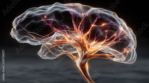 Floating tree design with glowing branches and neural network connections in a dark background at night