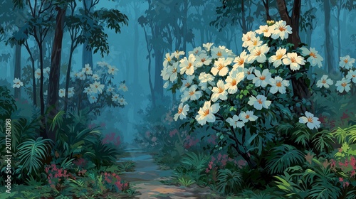 Flowers bloom along a path in a forest with dense trees and mist in the early morning light during springtime in a natural setting