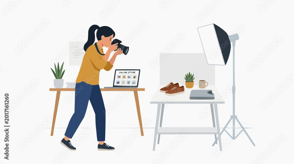 Fototapeta premium Woman photographing shoes for online store with lighting setup vector style