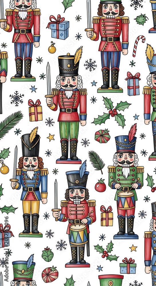 Fototapeta premium Colorful Nutcracker Soldier Pattern with Gifts and Holiday Decorations on White Background