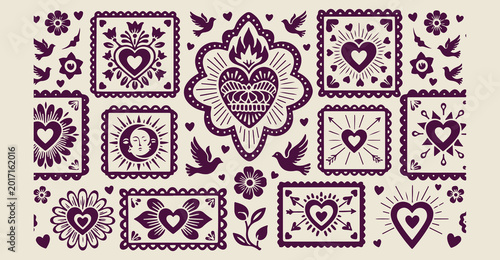 Photos Folk style tile pattern design, traditional ethnic floral ornament, symmetrical