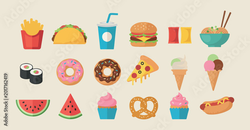Schilderij op canvas Fast food and snacks collection, delicious junk food icons set, colorful burger