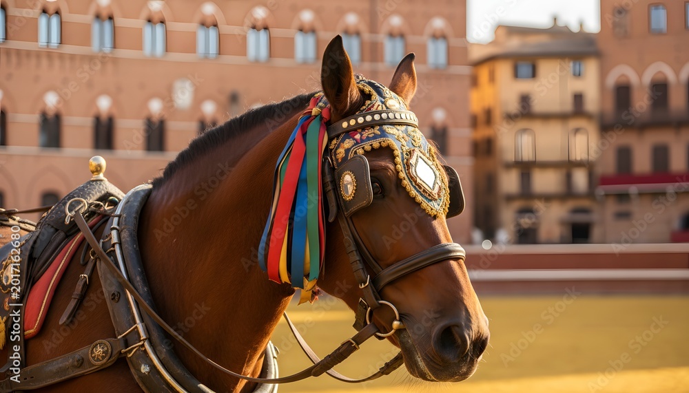 Fototapeta premium Brown horse in ceremonial harness during the palio horse race pre-race parade in siena italy, traditional heritage and cultural competition concept with festive ribbons