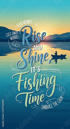 Inspirational Fishing Quote Over Serene Lake at Sunrise with Boat Silhouette