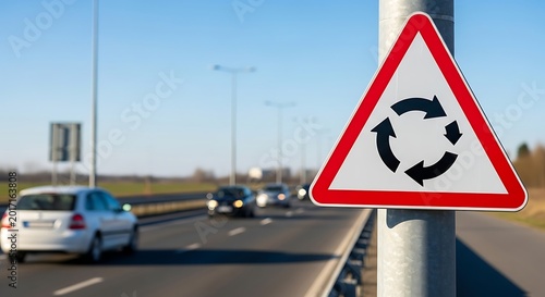 Triangular Roundabout Warning Sign Mounted Beside Busy Road