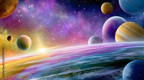 Colorful digital artwork showing planets in a vibrant space scene during sunrise