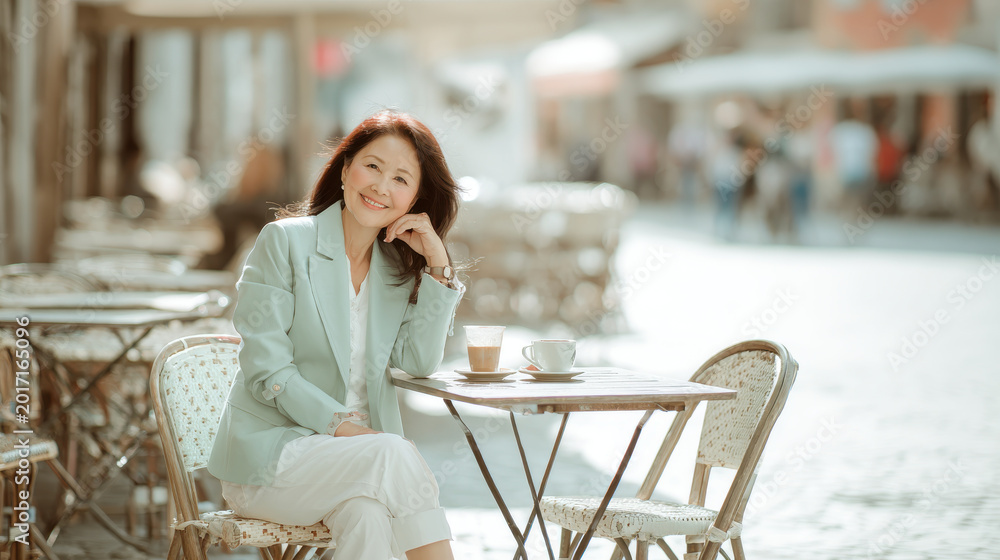 Fototapeta premium Senior woman enjoying a relaxing moment at a cafe, smiling and looking content. An elegant senior woman sits at a cafe table, enjoying her coffee and sunny ambiance of outdoor setting, looking happy