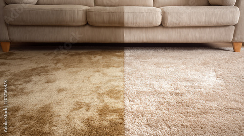 A diptych comparing a stained and dull carpet to the left with a bright and clean carpet to the right, emphasizing a deep cleaning transformation.