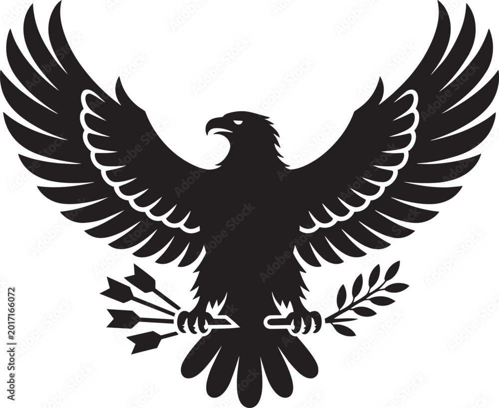 Fototapeta premium Majestic eagle holding arrows and olive branch in solid black silhouette style with national freedom