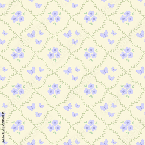 Fotografie A seamless pattern of butterflies with light purple flowers