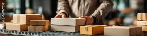 A worker is carefully arranging cardboard boxes on a conveyor belt in a busy warehouse, showcasing the logistics and packaging process.