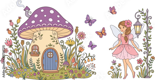 Whimsical fairy standing beside a colorful mushroom house in a garden with flowers and butterflies
