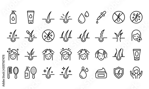 Hair Care and Hair Loss Treatment Outline Icon Set - Scalp Health, Shampoo and Trichology Line Vector Icons for Beauty Apps