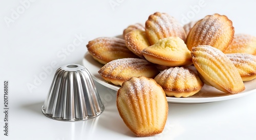 Golden Madeleine Cookies Dusted with Sugar on White Plate in Bright Kitchen Setting