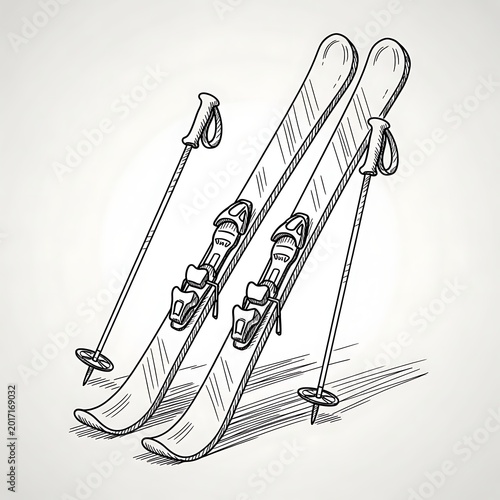 Hand Drawn Skis and Poles Standing on Light Background