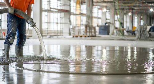 Construction Worker Pouring Wet Concrete Floor in Unfinished Industrial Building