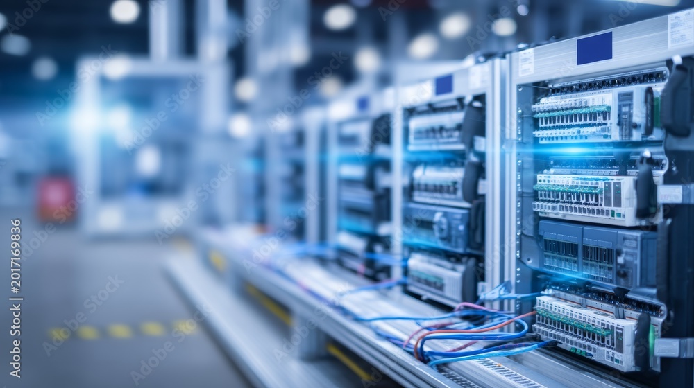 Fototapeta premium Network server rack with fiber optic and Ethernet network cable connections