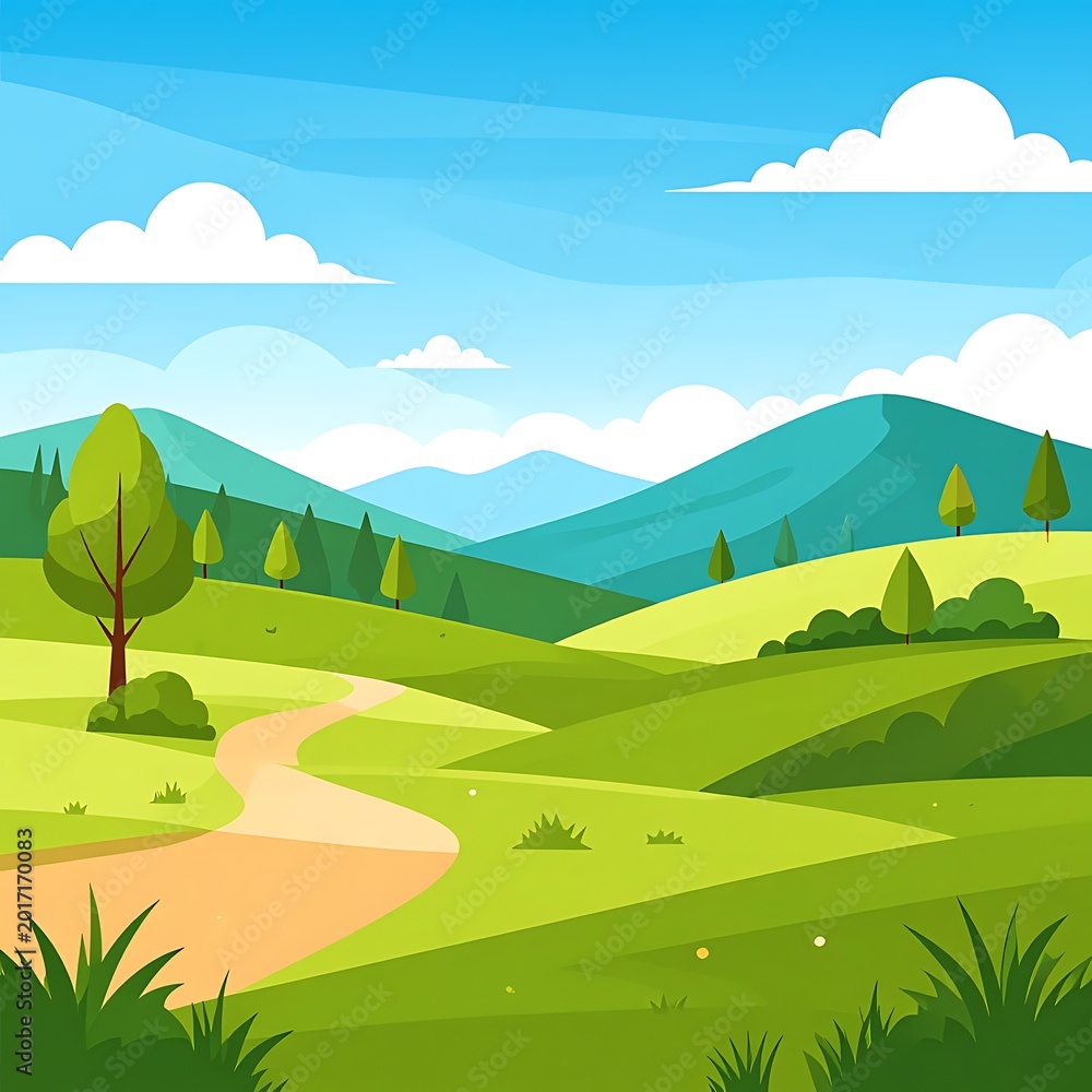 Obraz premium A serene cartoon landscape with rolling hills and a winding path (1)