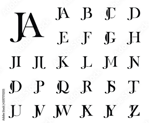 A luxury serif monogram set featuring combinations of the letters JA–JZ in gold on a white background. Perfect for premium branding, elegant logos, wedding initials, and sophisticated identity design.