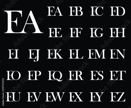 An elegant serif monogram set featuring the letter 'E' alongside combinations of the letters A–Z. The classic high-contrast typography is in brown on a light striped background