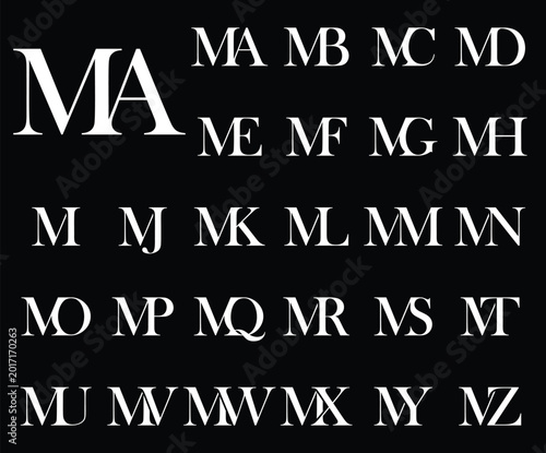 An elegant serif monogram collection featuring letter combinations from MA to MZ in dark on a dark, abstract background. Ideal for luxury branding, logos, and premium identity design.
