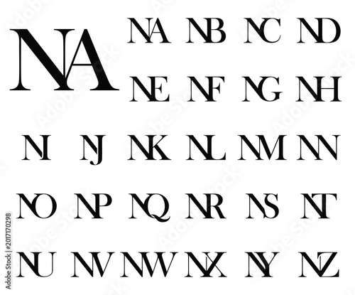 A luxury serif monogram collection featuring the letter combinations NA–NZ in gold on a clean, abstract background. Ideal for elegant branding, logo design, and premium identity projects.