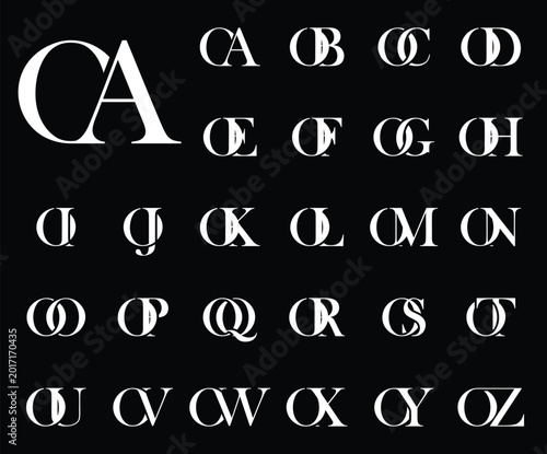 An elegant serif monogram collection featuring combinations of the letters OA–OZ in black on a dark, abstract background. Ideal for luxury branding, logo design, and premium identity projects.