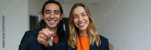 Couple holding new keys standing in modern interior