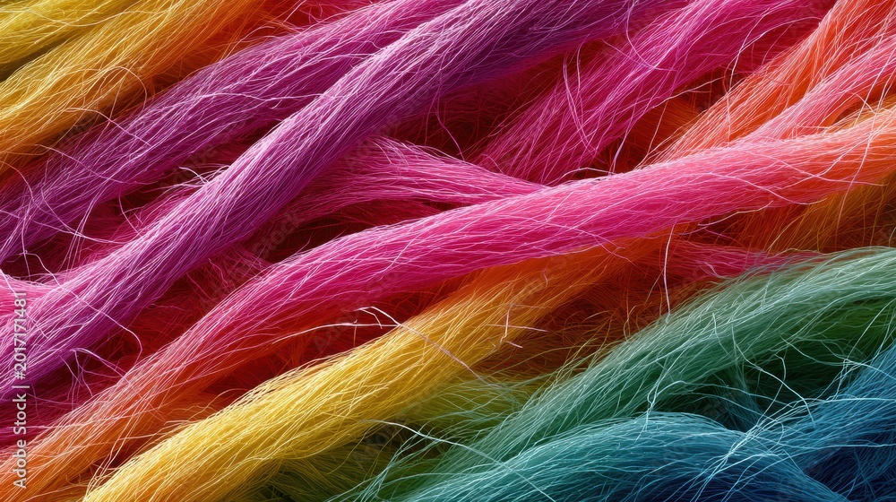 Fototapeta premium Macro close up of multicolored twisted yarn strands forming vibrant textile fiber background