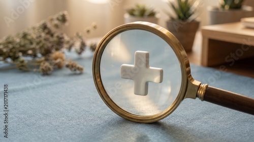 A magnifying glass highlights a distinct white plus symbol, embodying concepts of healthcare, positive discovery, detailed analysis, or the act of adding and improving