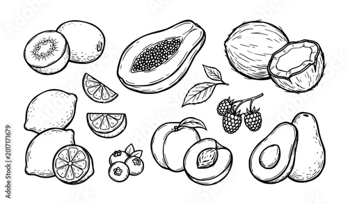 Tropical Fruits Hand Drawn Sketch Illustration Set