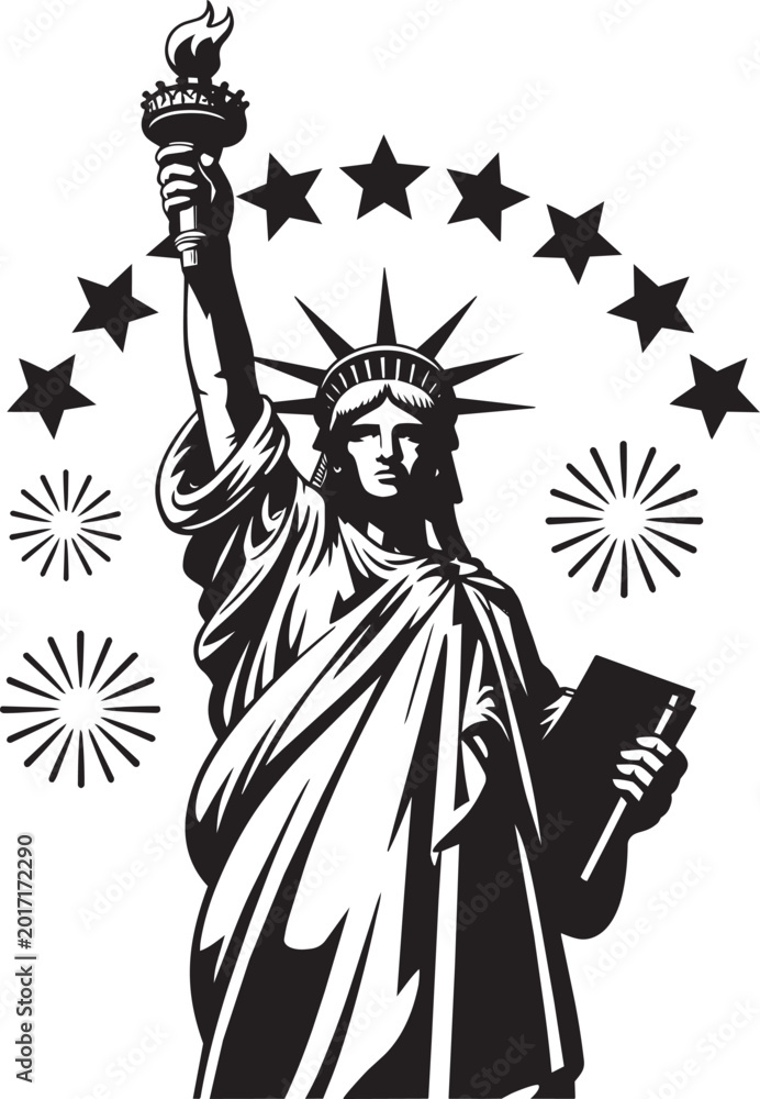 Obraz premium Statue of Liberty with american flag stars and firework elements in bold outline style with USA flag