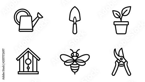 Tableau sur toile Gardening tools and elements vector icons with watering can pruning shears plant