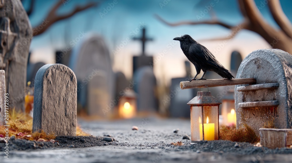 Fototapeta premium Black raven resting on candlelit grave in eerie autumn cemetery at dusk