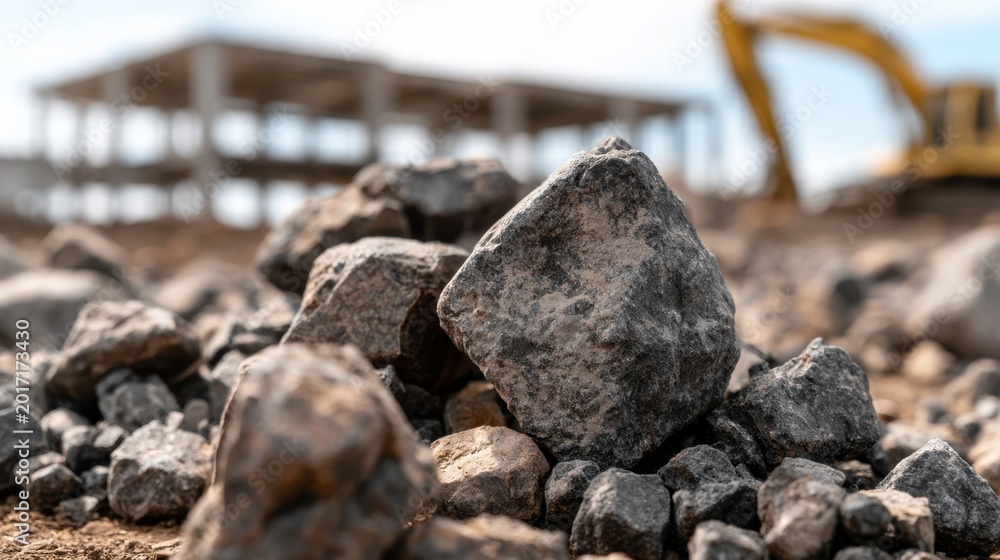 Fototapeta premium Close-up of rough rock stone on construction site ground with blurred heavy machinery and unfinished building structure in background focused on natural texture detail