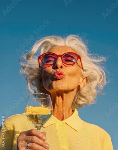 Cheerful stylish senior woman with white hair wearing red sunglasses blowing a kiss and holding wine glass