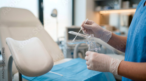 Doctor preparing medical instrument for gynecological examination in clinic
